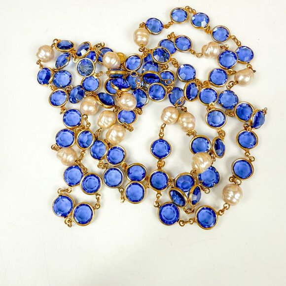 Chanel Vintage Blue Crystal Faux Pearl Sautoir Necklace 1981 - Picture 1 of 7